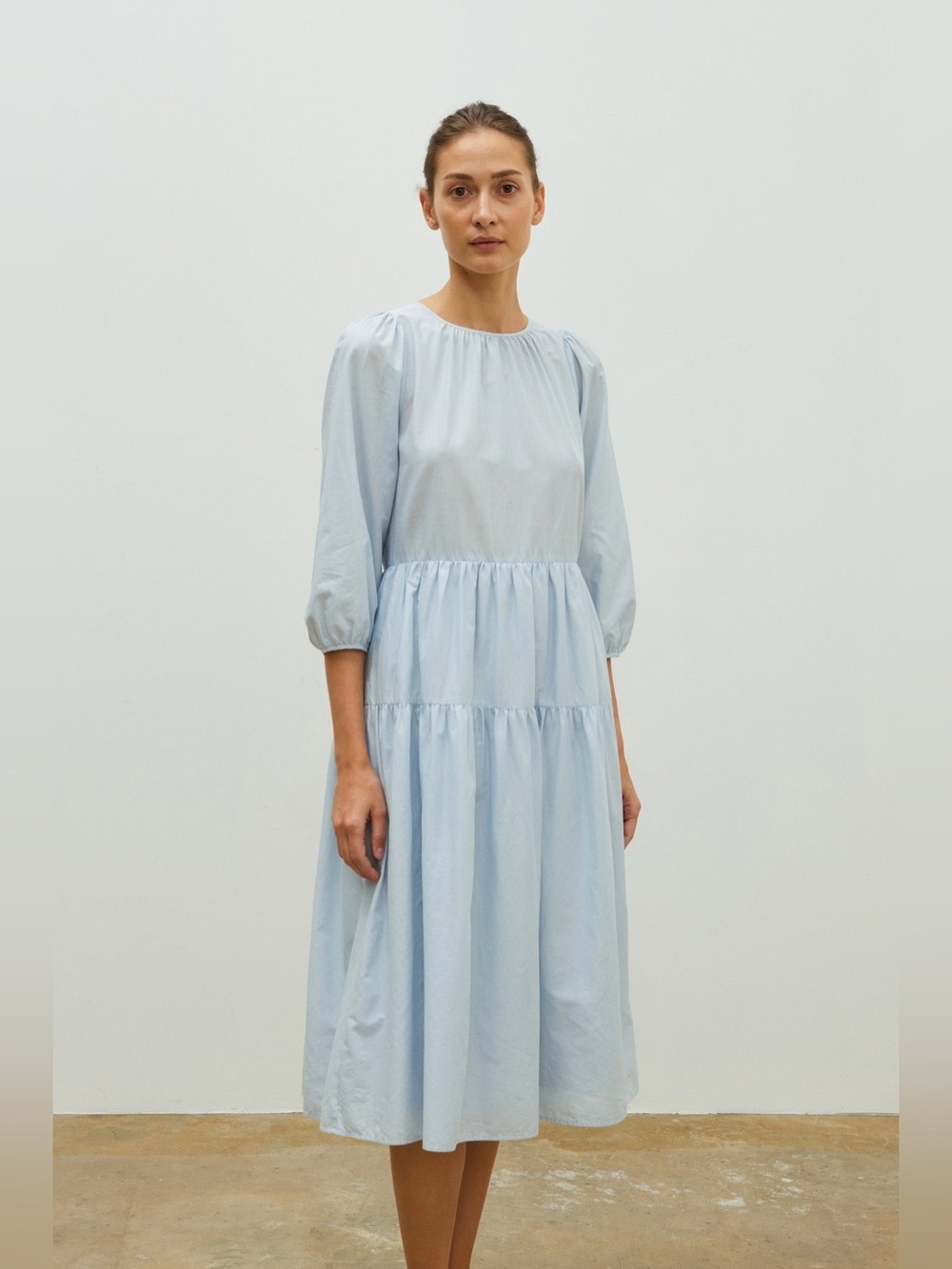 SOMETHING TO HOLD 100% Japanese Organic Cotton Tiered Light Blue Pockets Dress - Picture 2 of 10